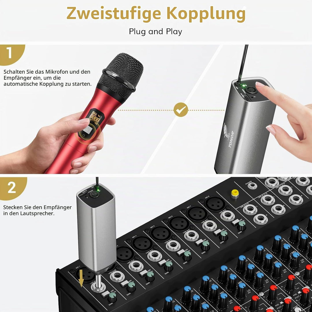 TONOR Drahtloses Mikrofon, UHF Dual Kabelloses Metall Dynamisches Mikro System mit wiederaufladbarem