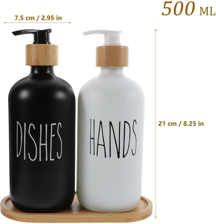 DOITOOL 500ml Lotion Spender Satz aus Glas und Bambus mit Praktischem Tablett Nachfüllbarer Pumpspen