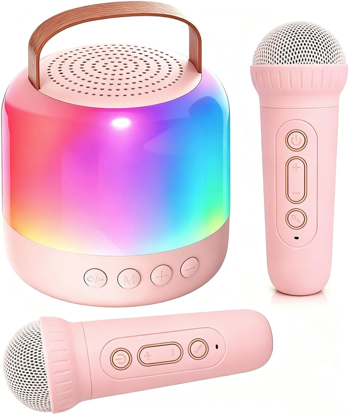 Karaoke Maschine mit 2 Drahtlosen Mikrofonen für Kinder, Tragbarer Bluetooth-Lautsprecher mit LED un