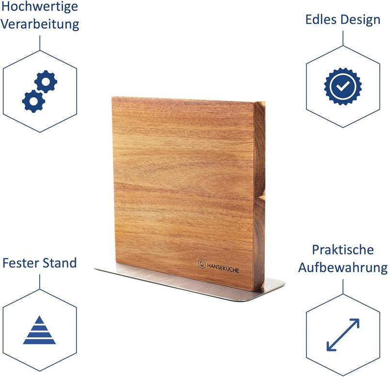 Hanseküche Messerblock magnetisch aus Akazienholz - Doppelseitiger Messerhalter ohne Messer mit Magn
