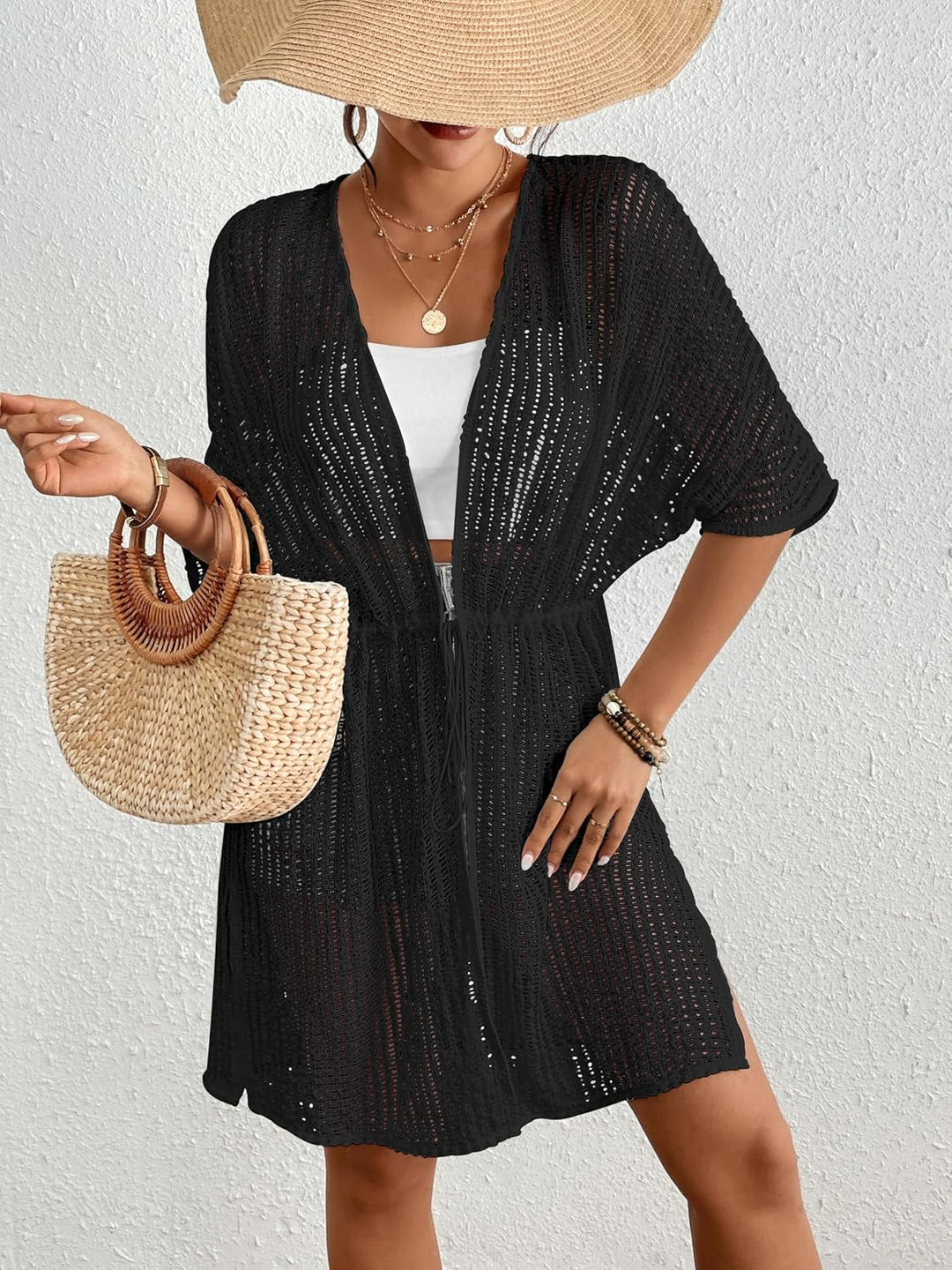 Bsubseach Damen Sexy Lace Crochet Open Front Badeanzug Strand Lange Kimono Cover Ups Z-Schwarz, Z-Sc