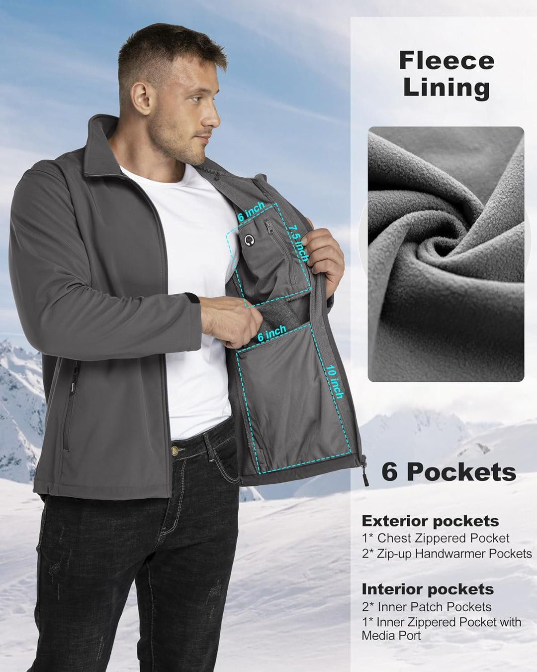33,000ft Softshelljacke für Herren Wasserdicht Winterjacke Winddicht Warme Fleece Gefüttert Windbrea