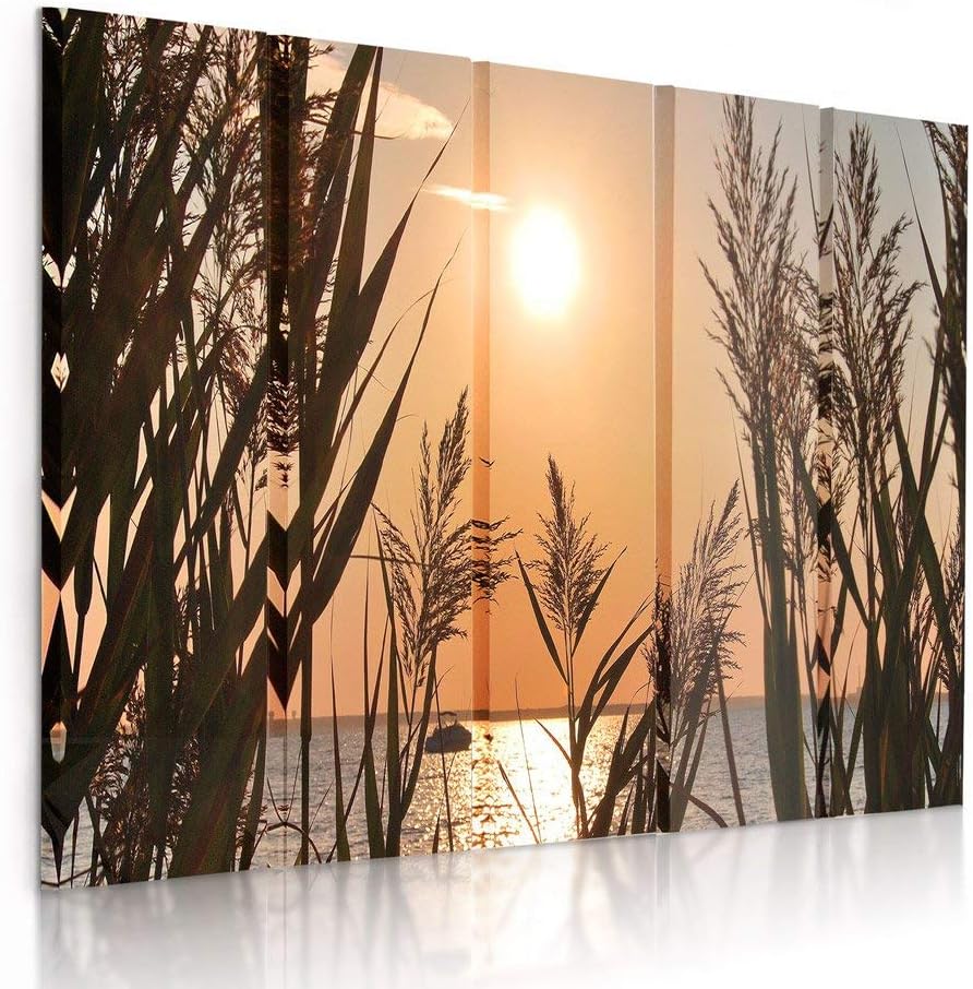 Feeby Frames, Leinwandbild Bilder Wand Bild - 5 Teile - Wandbilder Kunstdruck (SONNENUNTERGANG, GOLD