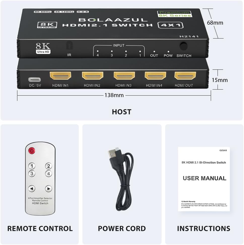 Bolaazul 8K@60Hz HDMI 2.1 Splitter Switcher Box 4-Port mit IR Fernbedienung 4K@120Hz 2K@144Hz, HDR,