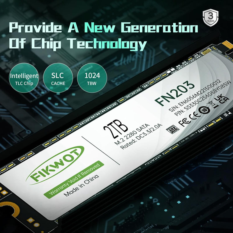 Fikwot FN203 2TB M.2 SATA SSD - SLC Cache 3D NAND TLC SATA III 6Gb/s M.2 2280 NGFF Internal Solid St