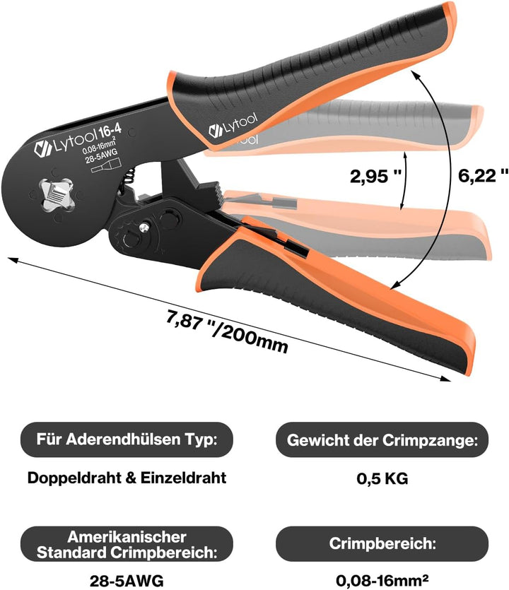 Lytool Crimpzange 0,08-16 mm²,Aderendhülsenzange Presszange Vierkant Crimp Zange Krimperzange selbst