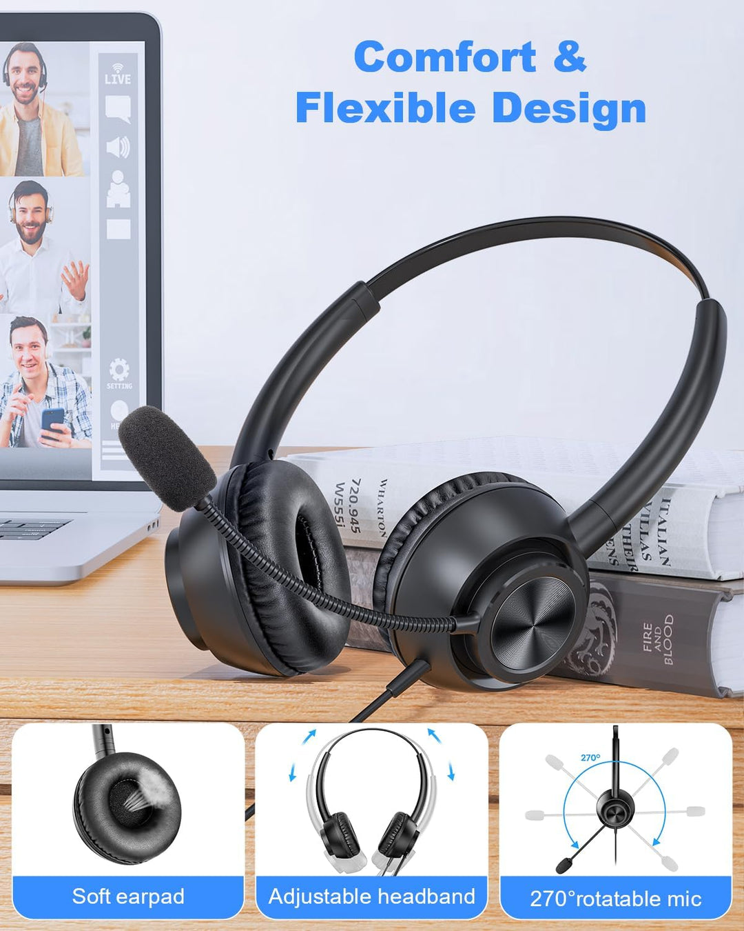 New Bee USB Headset mit Mikrofon, PC Headset mit USB-A & USB-C, Verstellbares Mikrofon für Call Cent