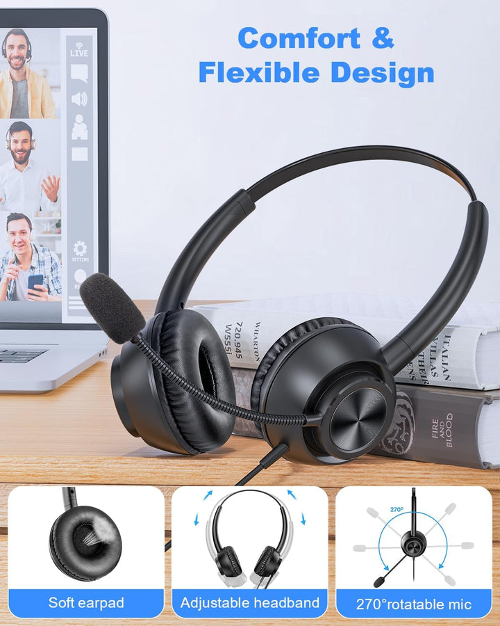 New Bee USB Headset mit Mikrofon, PC Headset mit USB-A & USB-C, Verstellbares Mikrofon für Call Cent