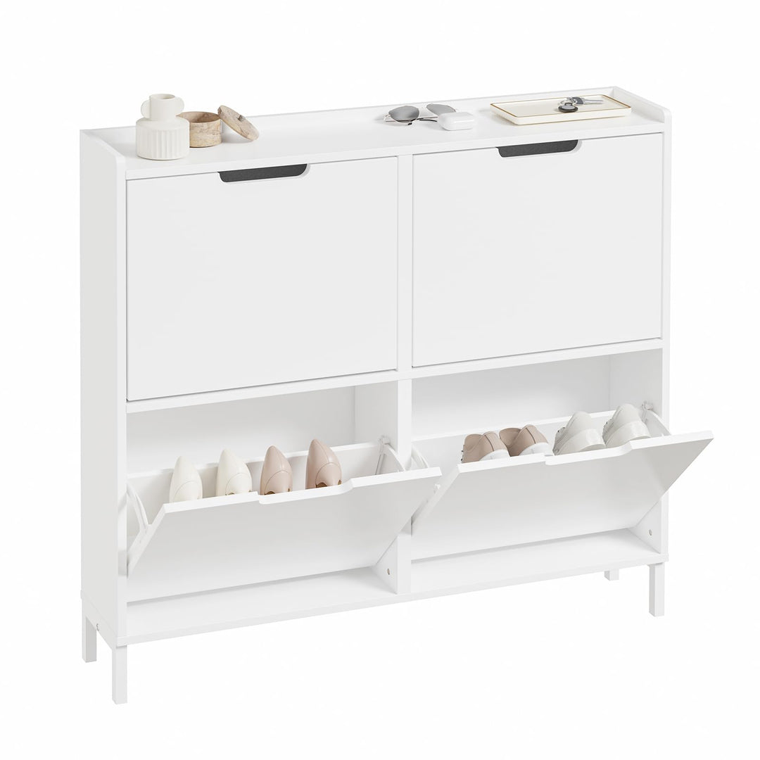 SoBuy Schuhschrank schmal mit 4 Klappen platzsparender Schuhkipper Hoch Kommode mit 4 Ablagen Schuhr