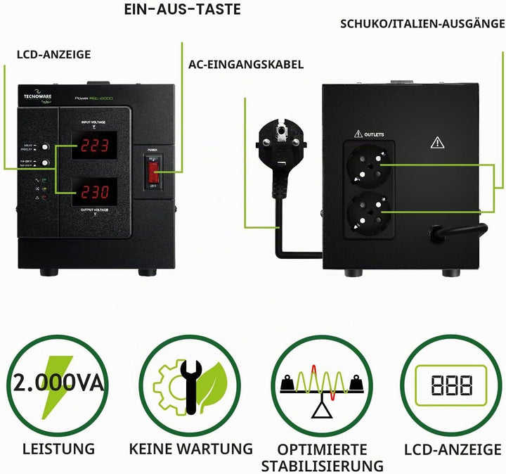 Tecnoware Power Reg 2000VA - Einphasiger Elektronischer Stabilisator - Stabilisierung ±6% - Kabelein