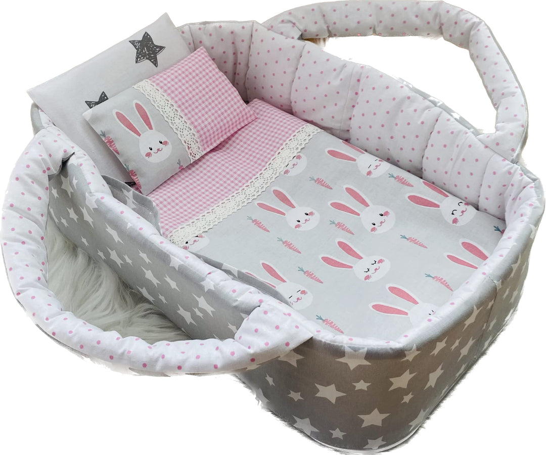 Puppentragetasche mit Sternen und Hasen für Puppen von 30 bis 55 cm mit Bettwäsche, Grau-Rosa, Wasch