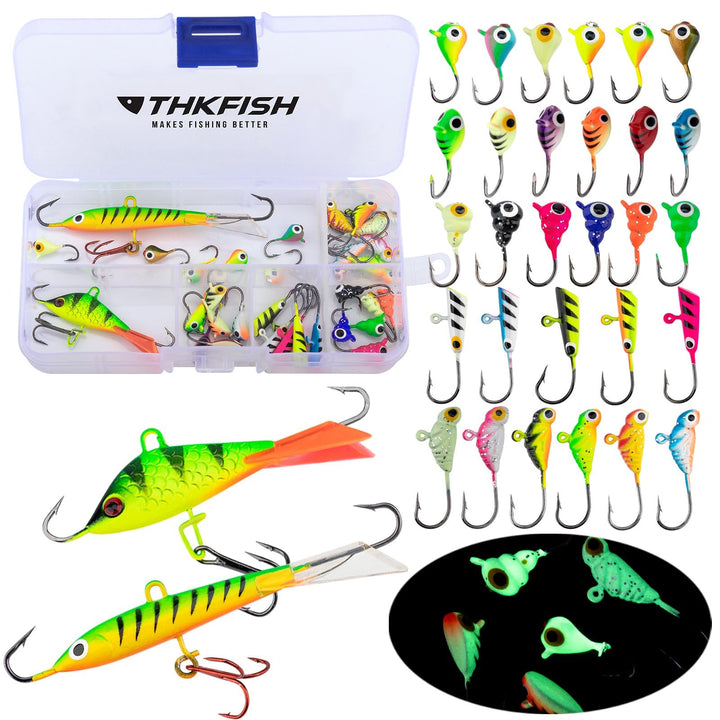 thkfish 31 Stück/50 Stück/Box Eisfischen Jigs Kopf Köder Angelhaken Kit für Winter Angeln Jiggen Zan