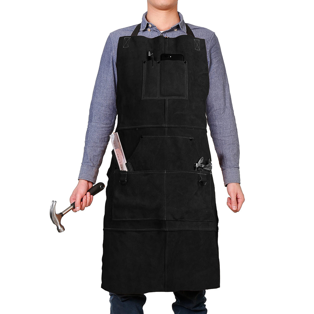 QeeLink Schweisserschürze Leder mit 6 Taschen, Lederschürze – Flammhemmende & Hitzebeständige Arbeit