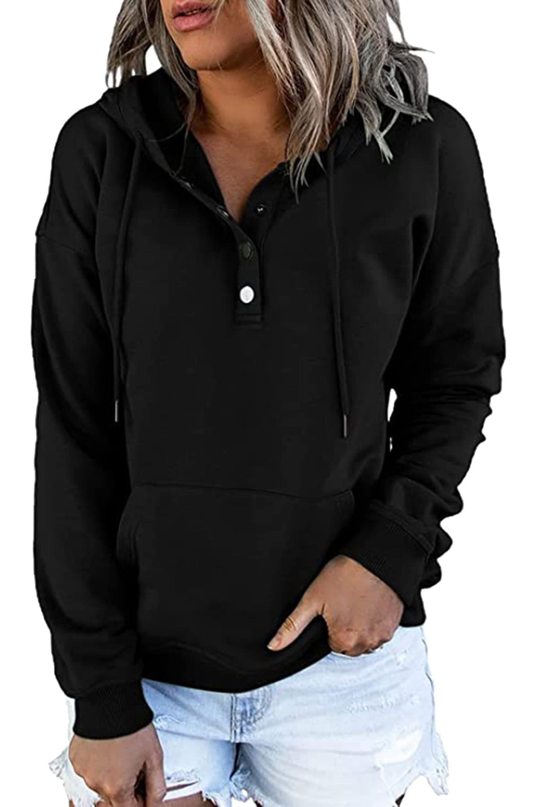 GOLDPKF Hoodie Damen 1/4Knopfleiste Leichter Pullover für Den Kapuzenpullover V-Ausschnitt S A01-sch