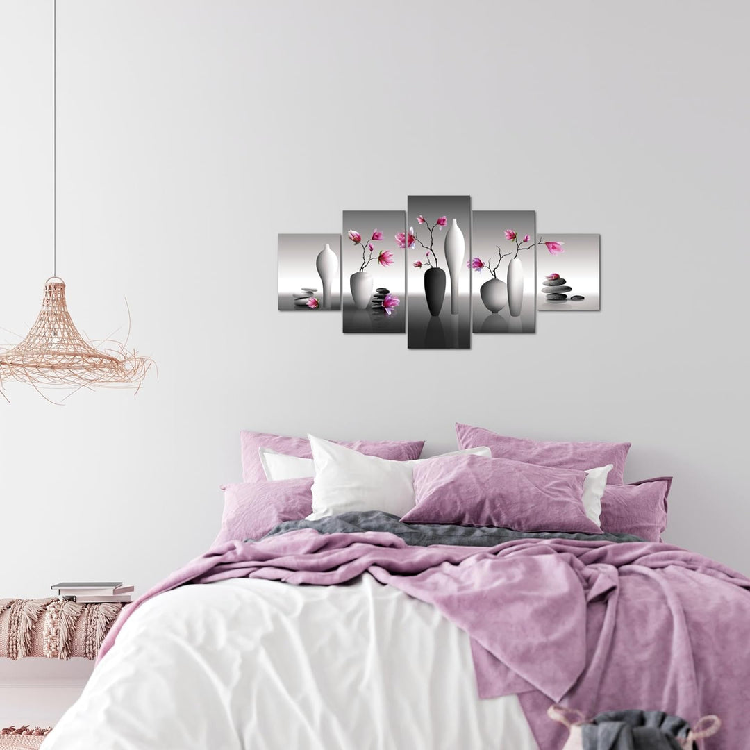 Runa Art Wandbilder Blumen Magnolien 5 Teilig Bild auf Vlies Leinwand Deko Wohnzimmer Spa Rosa Grau