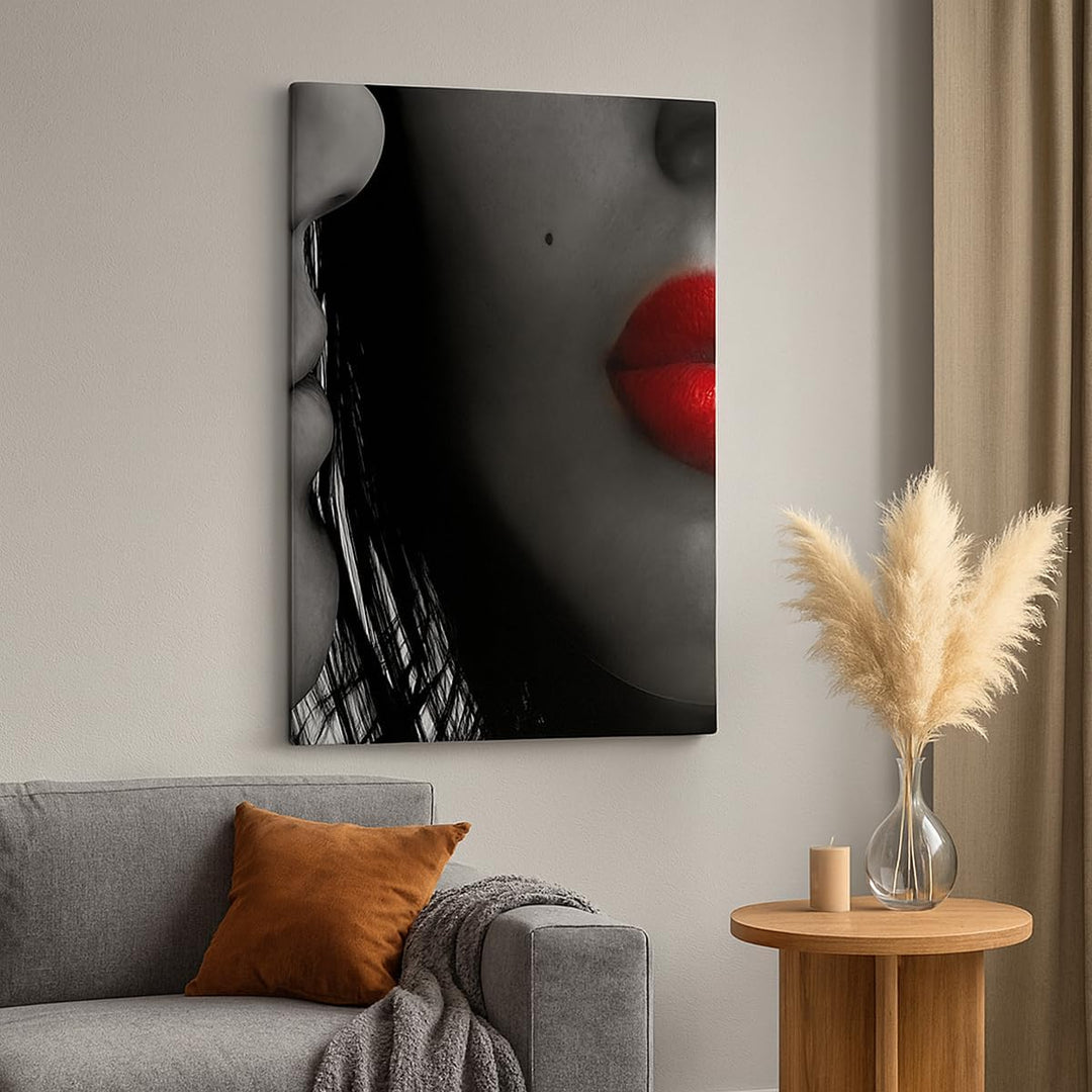 Bilder auf Leinwand 55x100cm Leinwandbild mit Rahmen Rote Lippen dunkles Haar Modell Liebe Gross Wan