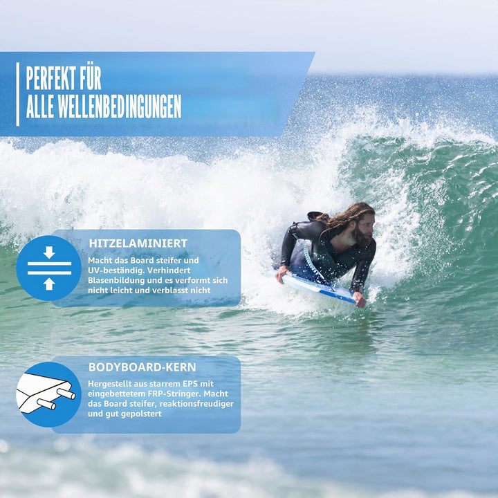 Body Boards for Beach Lightweight Durable Body Board with EPS Core Dual Channel Double Swivel Coiled