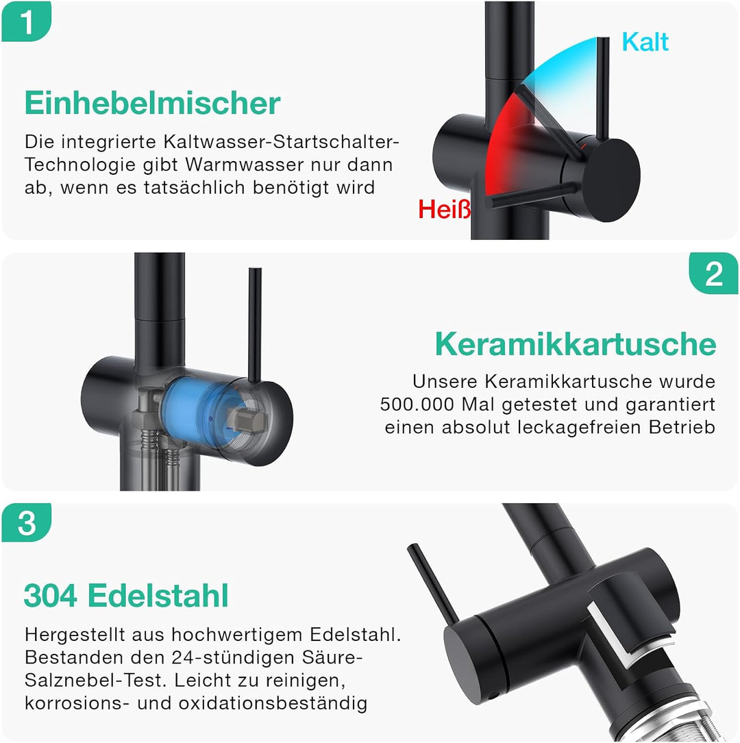 Faustina 3 Wege Küchenarmatur mit Brause ausziehbar, Einhebelmischer Armatur Wasserhahn Spültischarm