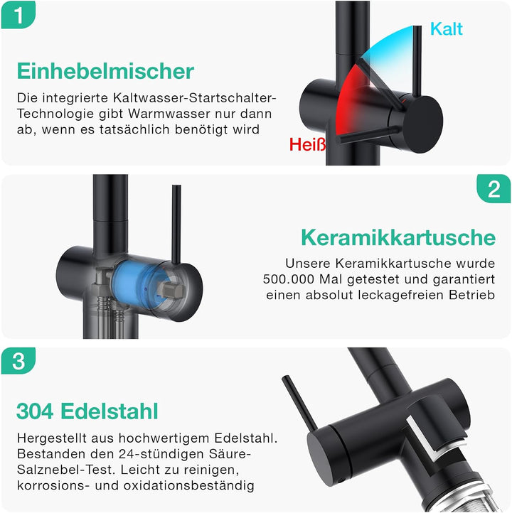 Faustina 3 Wege Küchenarmatur mit Brause ausziehbar, Einhebelmischer Armatur Wasserhahn Spültischarm