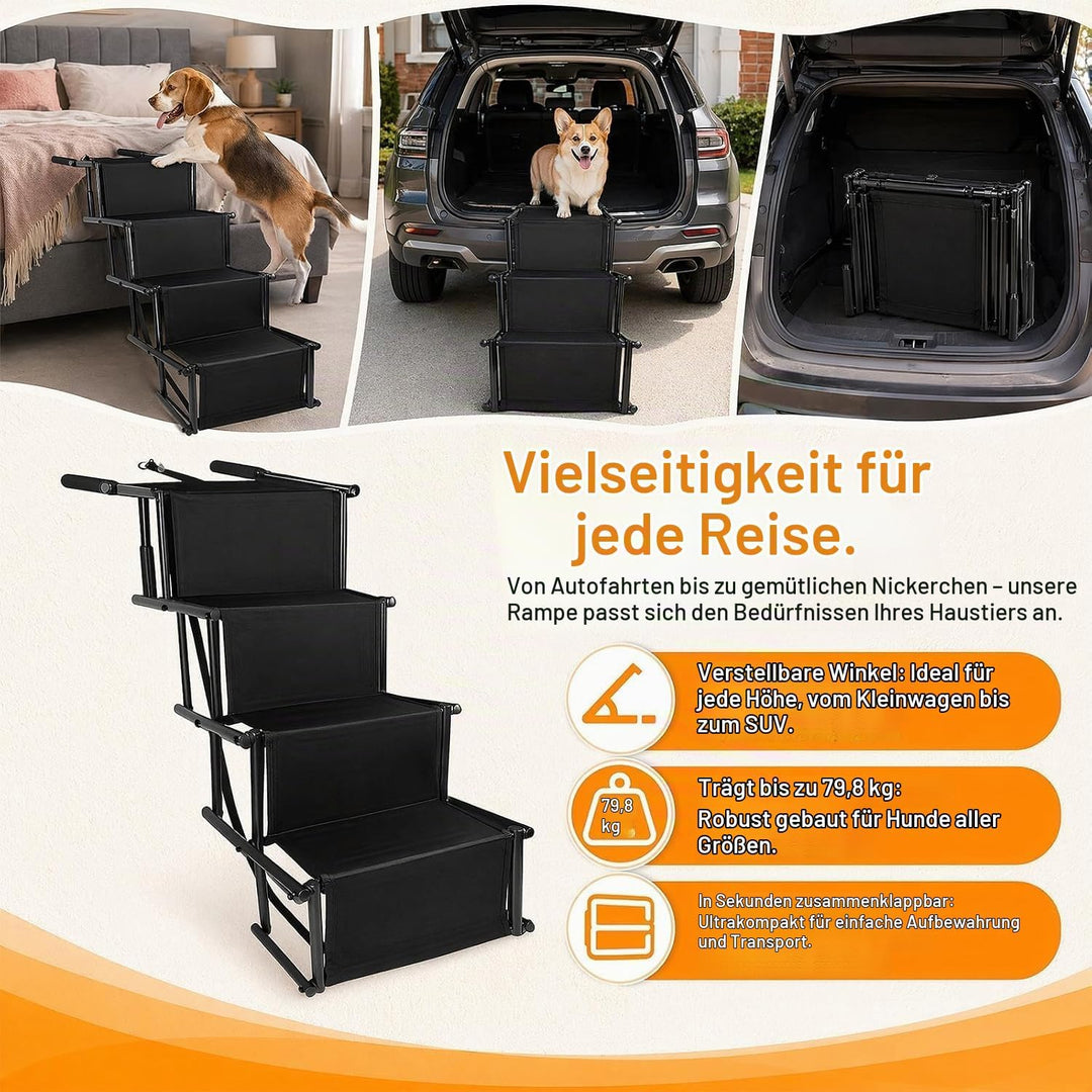 Hundetreppe Auto Klappbar, Hunderampe 4 Stufen für Auto, SUV &amp; Hohe Betten | Leichte Design bis 80 k