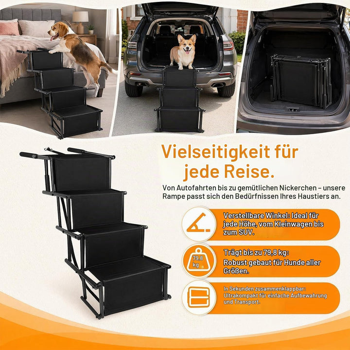 Hundetreppe Auto Klappbar, Hunderampe 4 Stufen für Auto, SUV &amp; Hohe Betten | Leichte Design bis 80 k