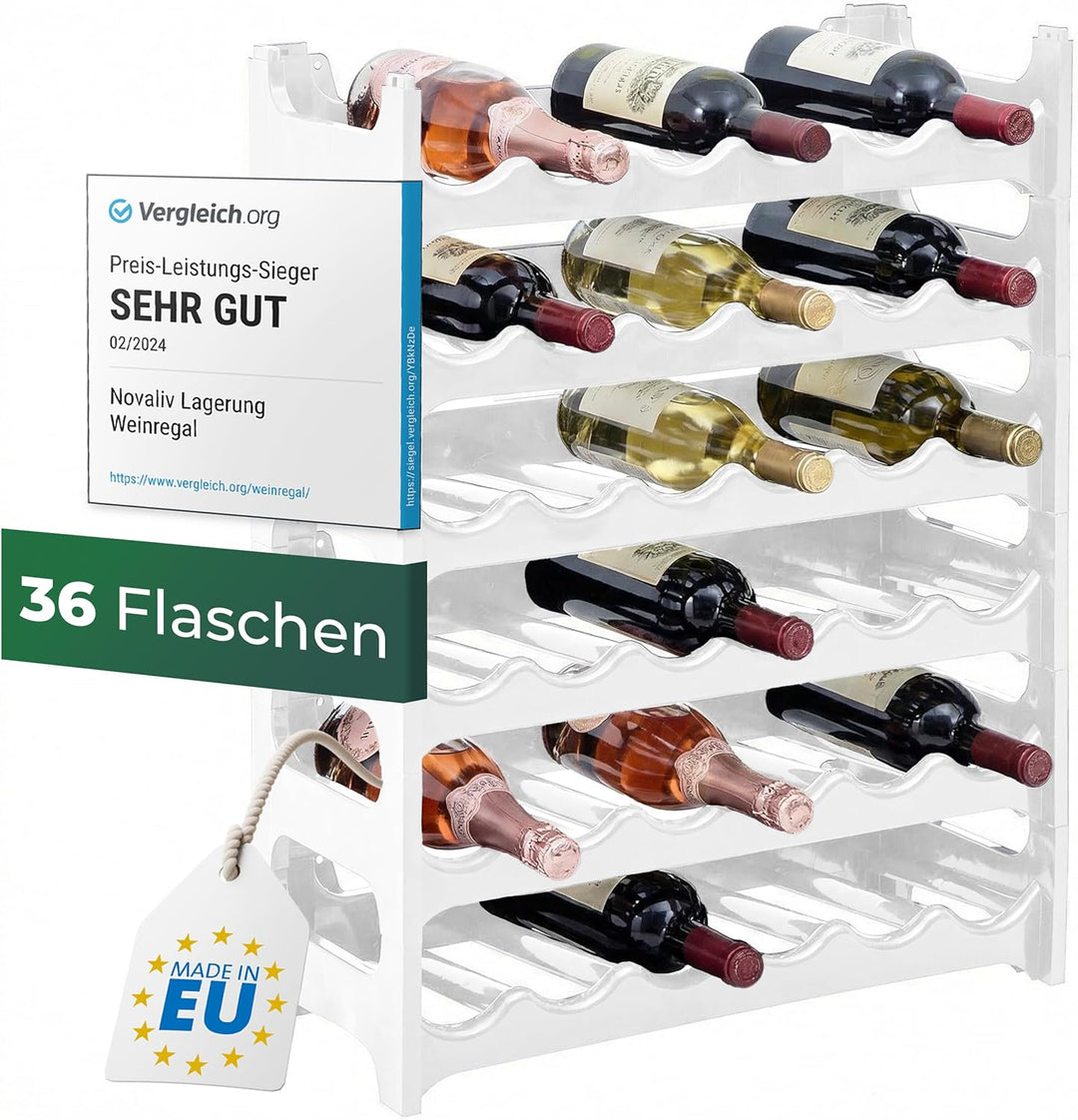 Novaliv Weinregal für 36 Flaschen | Flaschenregal Weiss | Regal stabilem Kunststoff (Weiss, 6) 6 Wei