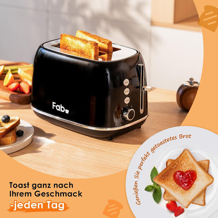 Fab by Kitchen in the box Toaster 2 Scheiben, Retro Toaster aus Edelstahl mit breiten Schlitzen und