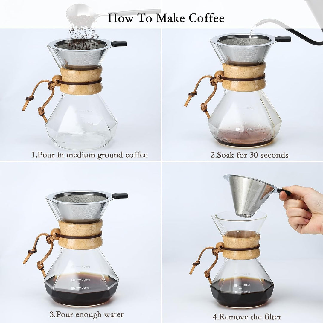 Pour Over Kaffeebereiter mit Edelstahlfilter, 600 ml Borosilikatglas Kaffeekaraffe, Holzkragen, Kaff