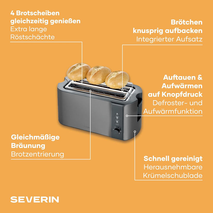 Severin Automatik-Langschlitztoaster, Toaster mit Brötchenaufsatz, hochwertiger Edelstahl Toaster mi