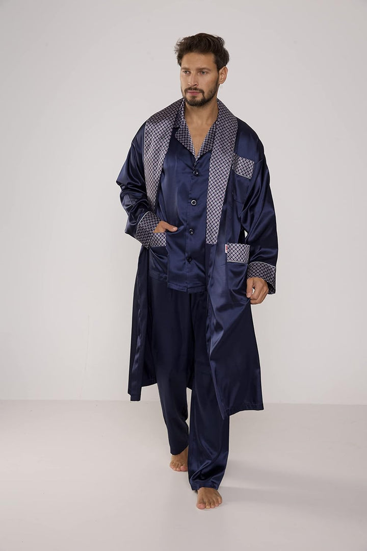edler und hochwertiger Satin-Pyjama Herren-Schlafanzug Hausanzug, M Marine