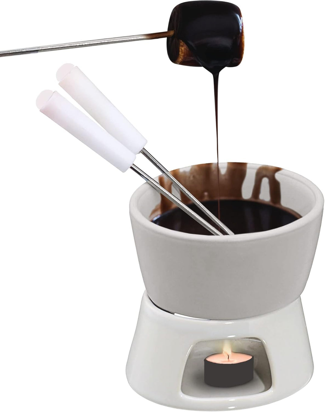 4 x Keramik Schokofondue Set Fondue-Set Schokolandenfondue weiss inkl. 2 Edelstahlgabeln (4 x Schoko