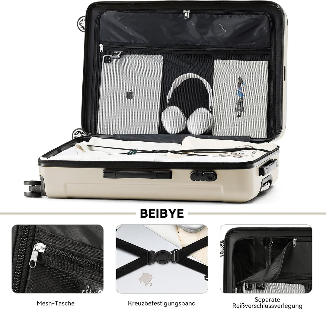BEIBYE- Hartschalenkoffer Koffer Trolley Rollkoffer Reisekoffer Zahlenschloss 4 Zwilings-Rollen (Cre