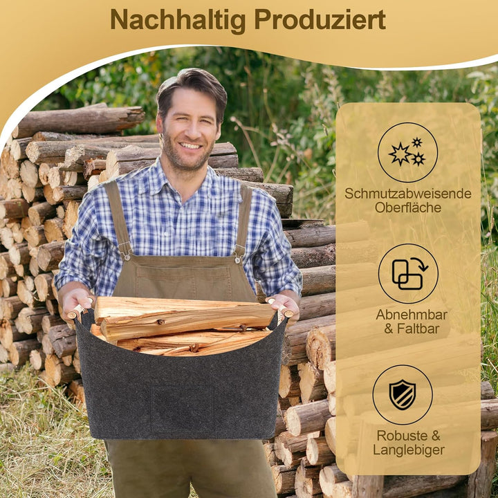 FINEW Holzkorb für Kaminholz 96L, Kaminholzkorb mit Handschuhen 60 x 40 x 40CM, Grosse Filzkorb Feue