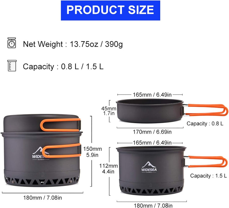 widesea Camping Kochgeschirr Outdoor Topf Pfanne Kochgeräte Wärme-Design für Wandern für 2-3 Persone