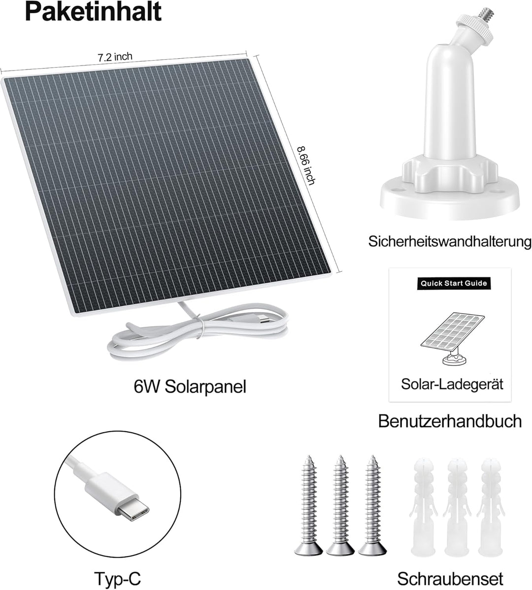 6W Solarpanel für Akku Überwachungskamera Aussen im Aussenbereich, 5V USB-C Solarmodul, Outdoor Akku