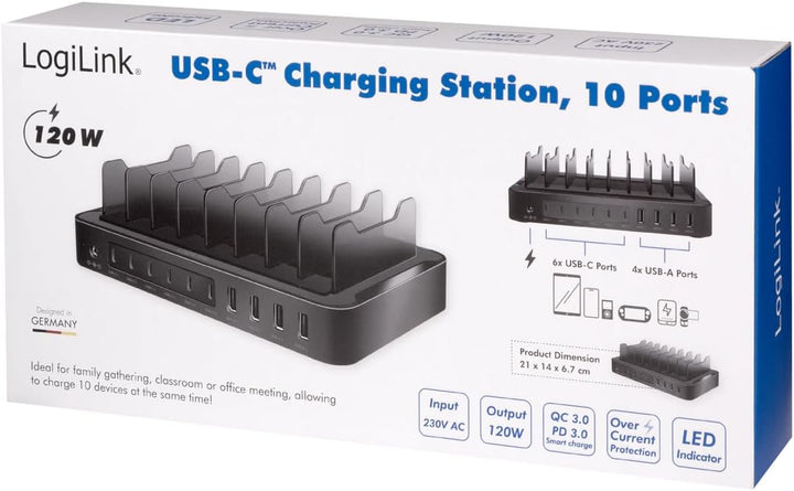 LogiLink PA0327 - USB-C Ladestation mit 4X USB-A &amp; 6X USB-C, PD 3.0 (PowerDelivery) &amp; QC 3.0 (QuickC