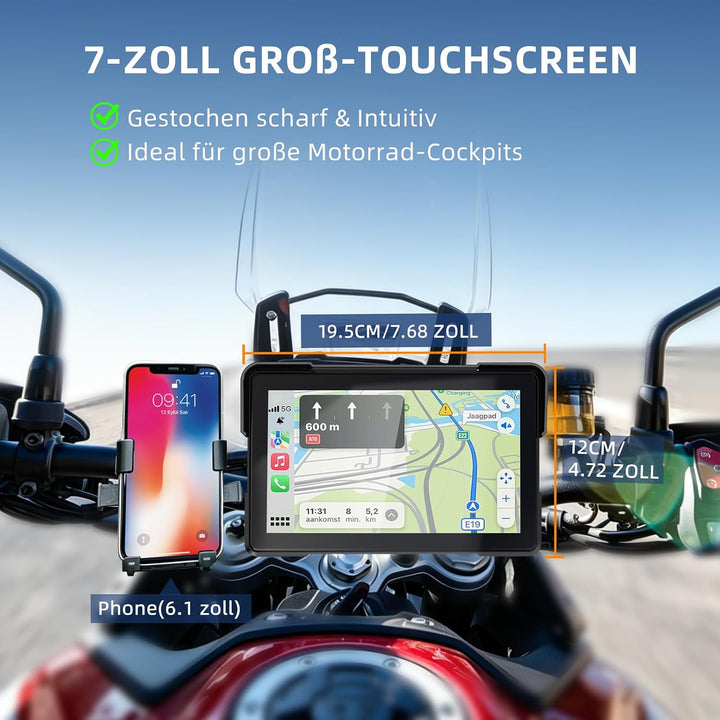 7 Zoll Motorrad Display mit Wireless CarPlay & Android Auto, 1000 Nits Helles Motorrad Navi Touchscr