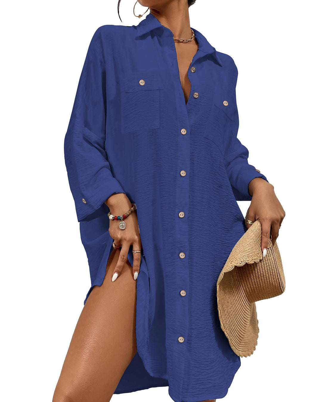 Bsubseach Damen Button Down Strandkleid V-Ausschnitt Badeanzug Resort Wear L B-dunkelblau, L B-dunke