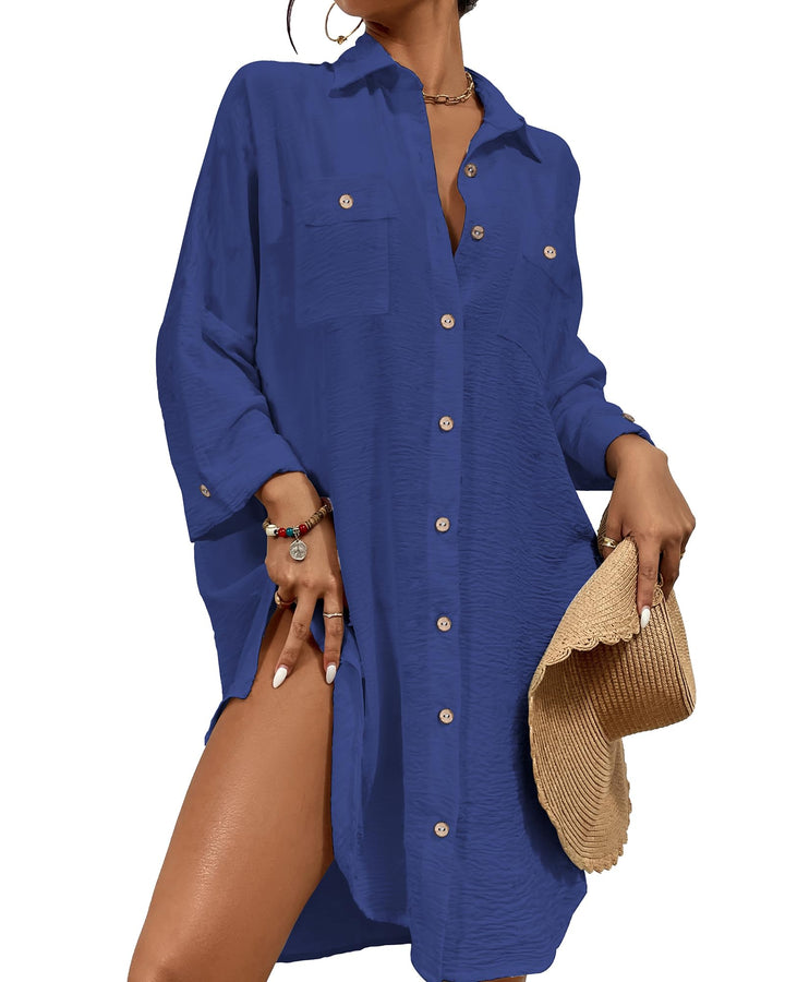 Bsubseach Damen Button Down Strandkleid V-Ausschnitt Badeanzug Resort Wear L B-dunkelblau, L B-dunke