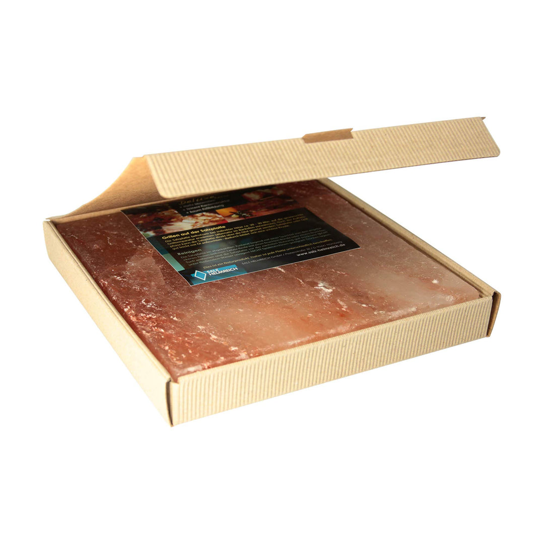 1 Salzstein (im fertigen Geschenkkarton) BBQ Salzplatte zum Grillen (2.2kg) 20x20x2,5cm; Salzhändler