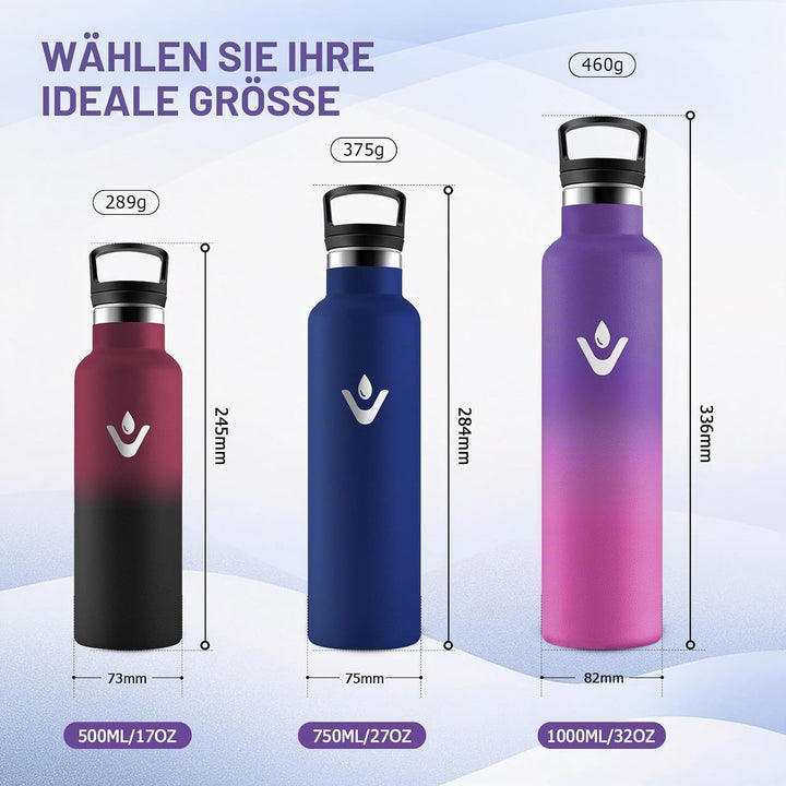 Thermosflasche 1L, Edelstahl Trinkflasche mit Strohhalm, Einhandöffnung, Vakuum Thermosflasche, Kohl