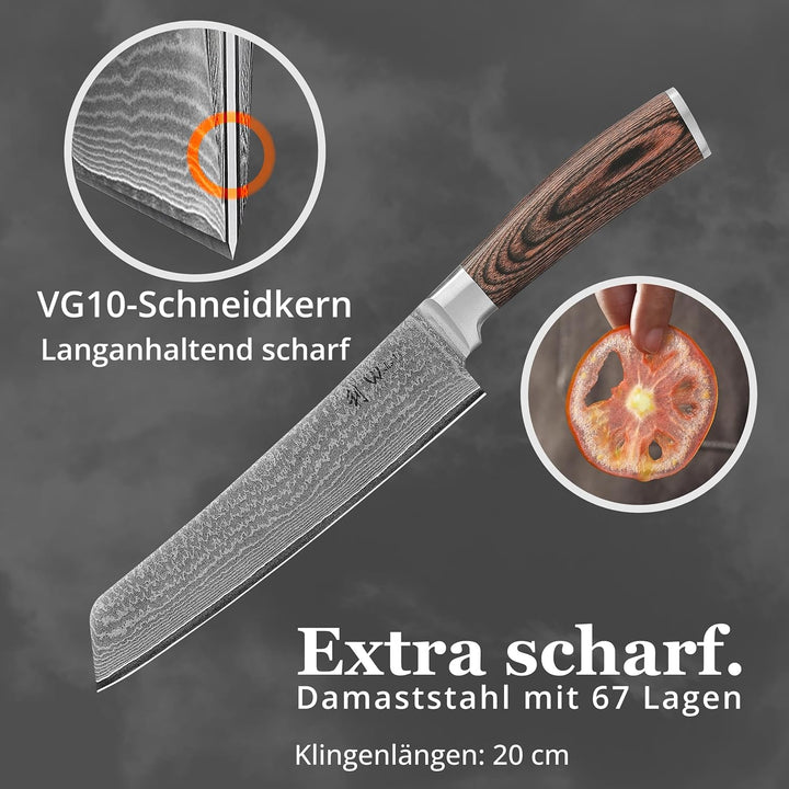 Wakoli EDIB Bunka Küchenmesser aus echtem Damaststahl (VG10 Kern) mit 20 cm Klinge – Scharf & ergono