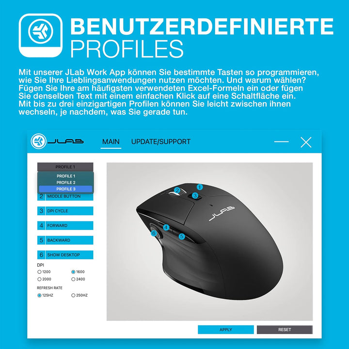 JLab JBuds Bluetooth Maus, Ergonomisches Design 7 Tasten, Bis zu DREI Benutzerprofile, JBuds