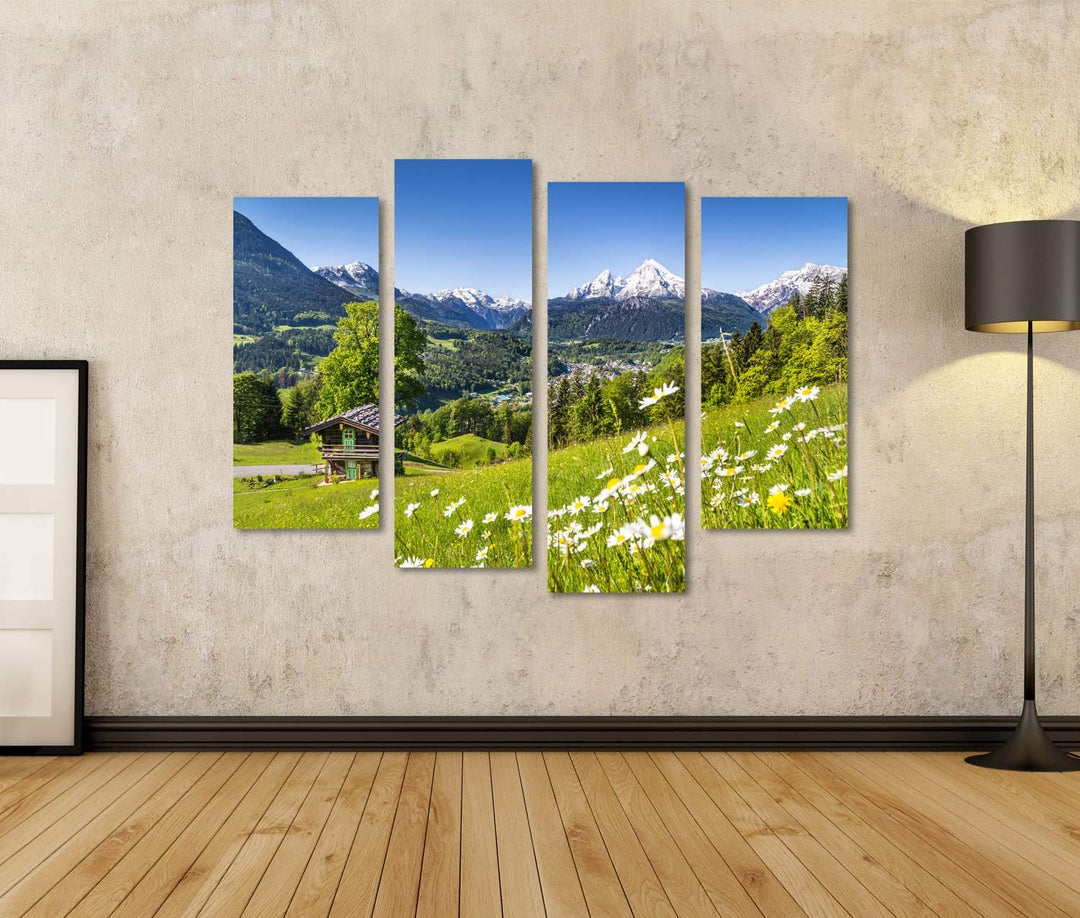 islandburner Bild auf Leinwand Idyllische Sommerlandschaft Alpen Berghütte Schönes Bayerisches Dorf