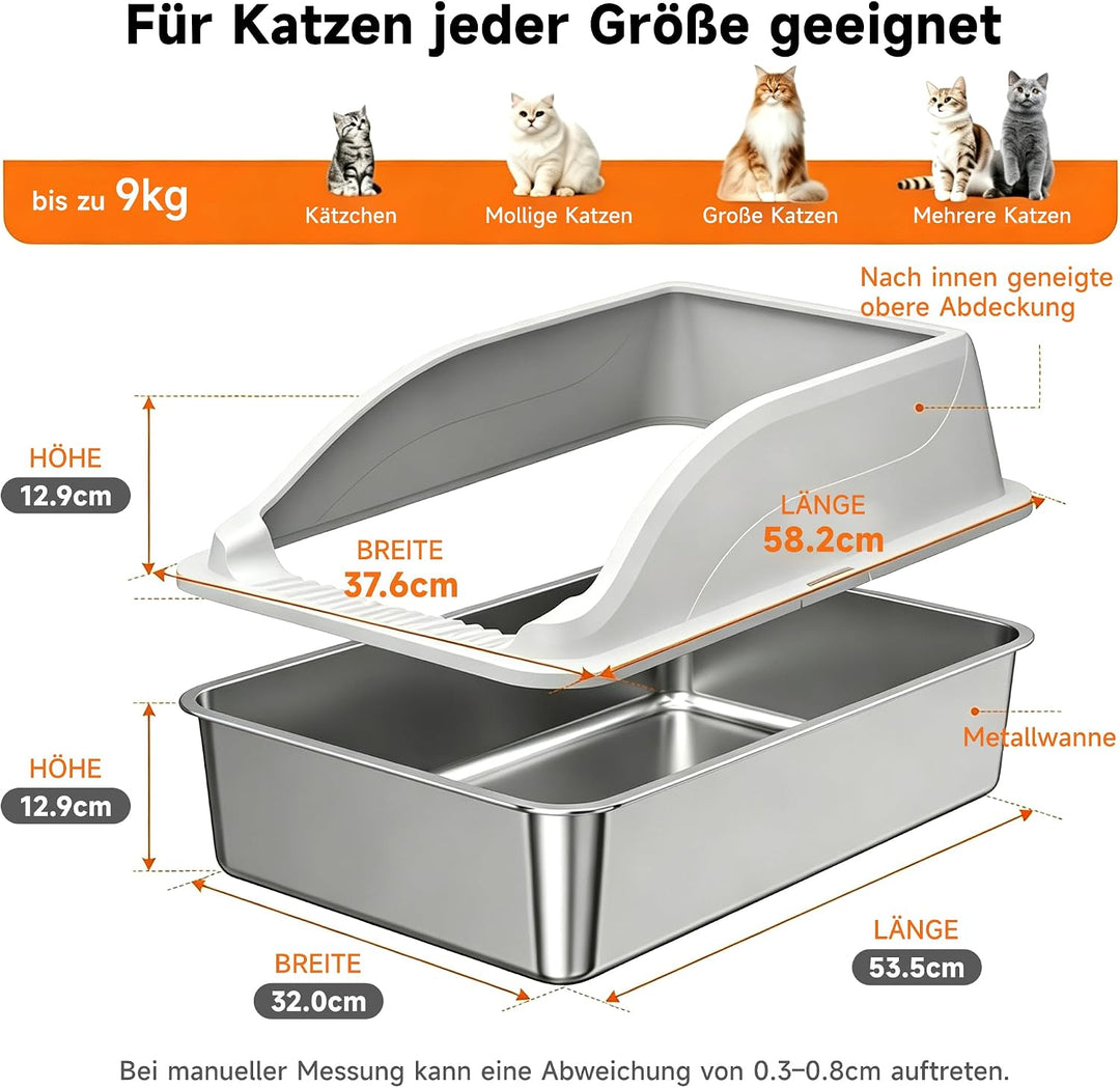 Edelstahl Katzentoilette XL, Schrägwand, Kratzfest, geruchsfrei | Porenfrei, leicht reinigbar. Schrä