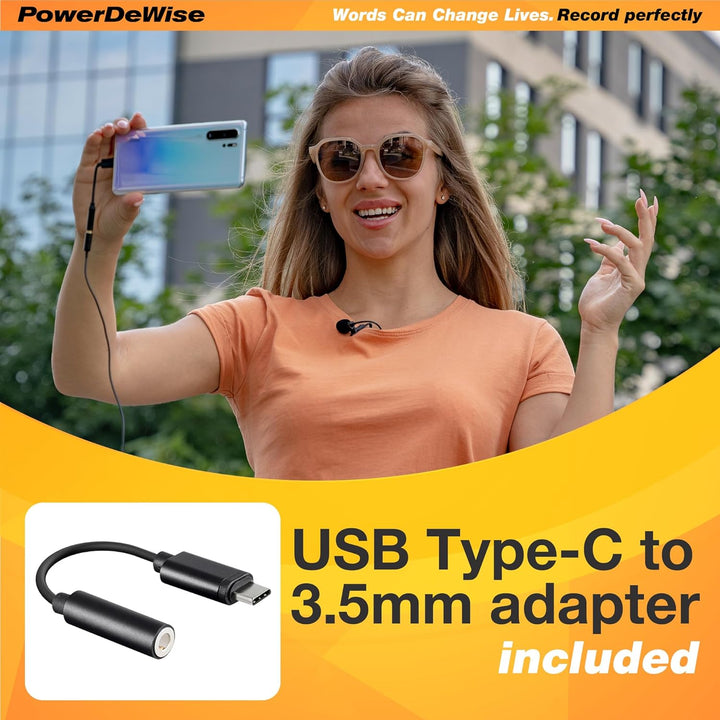 PowerDeWise Verbessertes 2023 Typ-C Lavalier-Mikrofon mit Adapter – omnidirektionales USB C Lav-Mikr