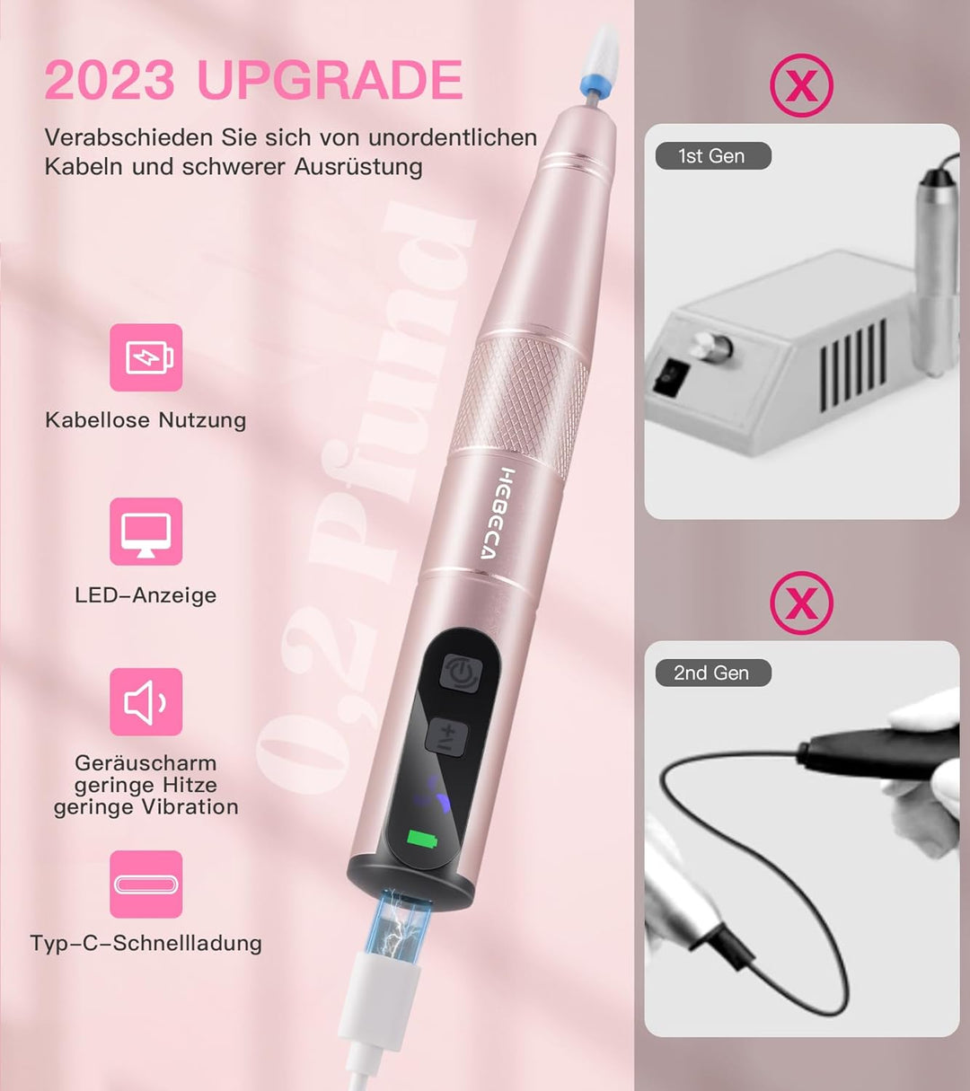 HEBECA Elektrische Nagelfräser Kabellos für gelnägel,12 in 1 maniküre pediküre set elektrisch akku f