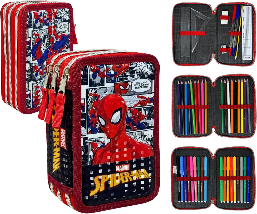 3-Fach Federmäppchen Gefüllt Jungen (6-10 Jahre) für Spiderman Fan – 3D-Effekt Federtasche Schule (4