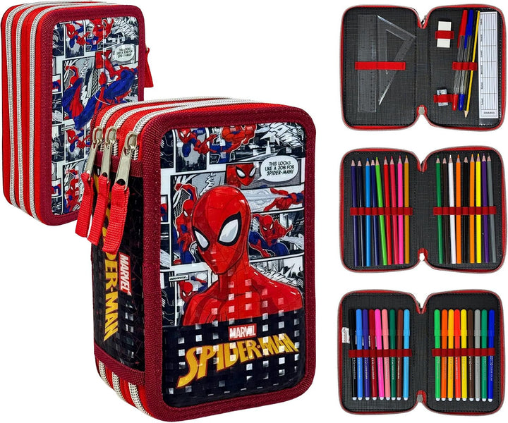 3-Fach Federmäppchen Gefüllt Jungen (6-10 Jahre) für Spiderman Fan – 3D-Effekt Federtasche Schule (4