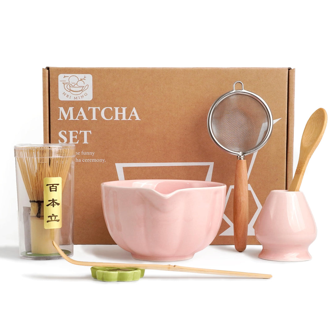 Premium Matcha Set 7-teilig – Exklusives Teezeremonie-Set mit Bambus-Chasen (Besen),Rosa Keramik-Sch